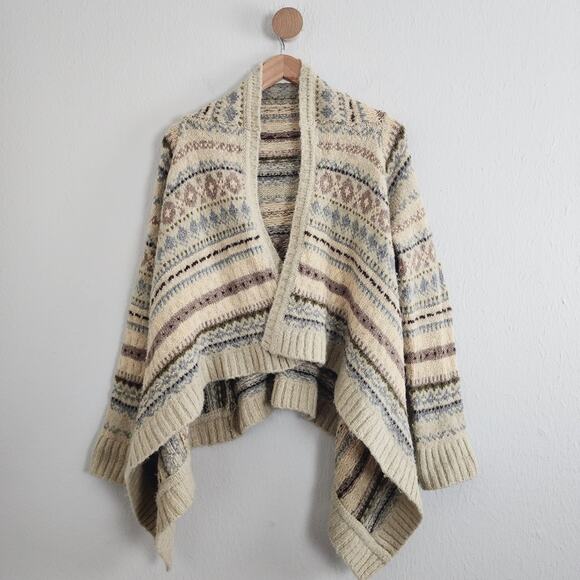 Anthropologie Sleeping On Snow Set Free Tan Fair Isle Wool Wrap Cardigan - Picture 1 of 9